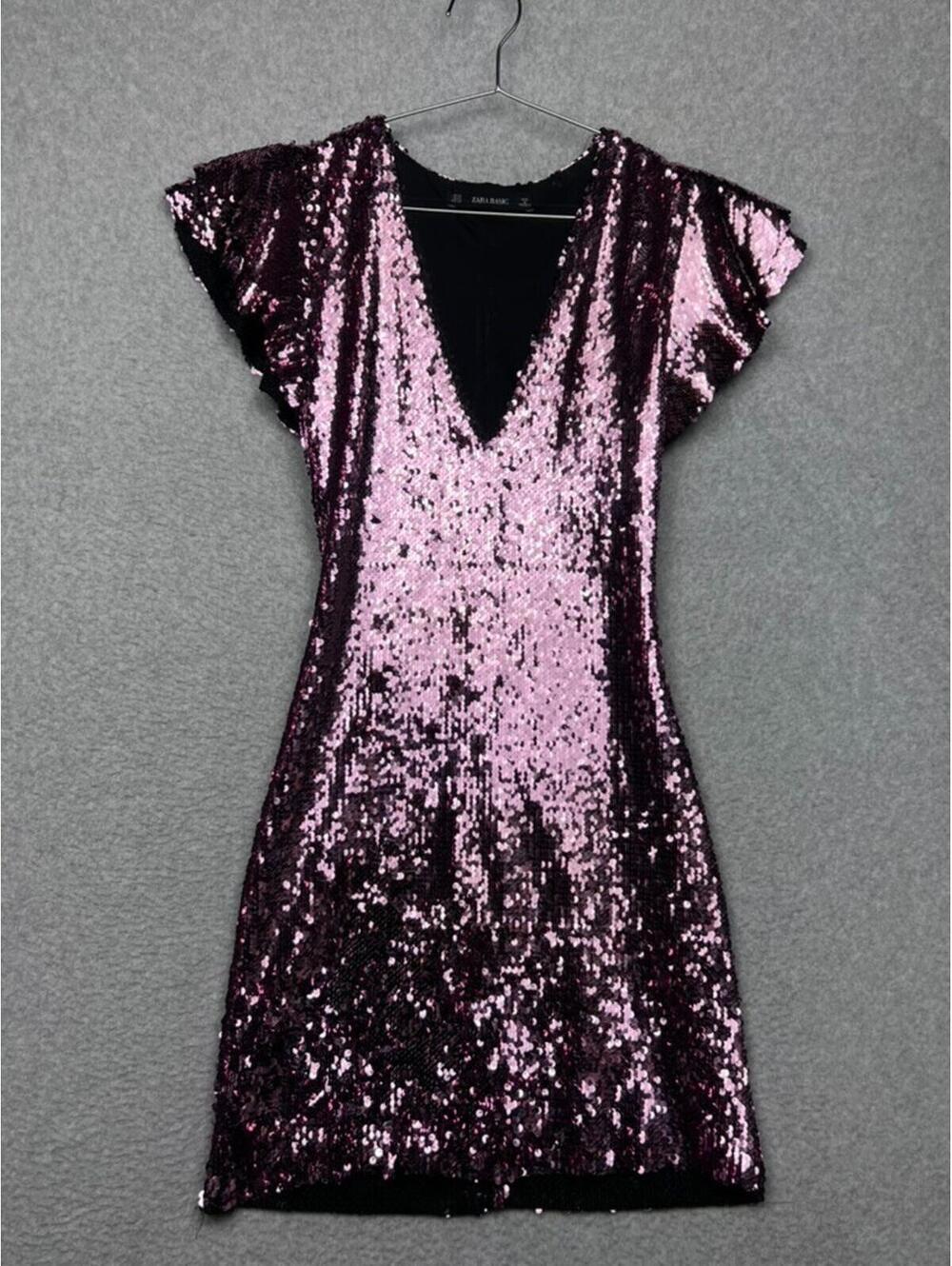 Zara Pink Sequin Mini Dress Ruffle Flutter Sleeve Party Cocktail Viral Y2K Retro